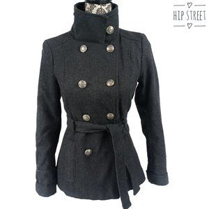 NEW LOOK Double Breasted Funnel Neck Belted Charcoal Pea Coat S